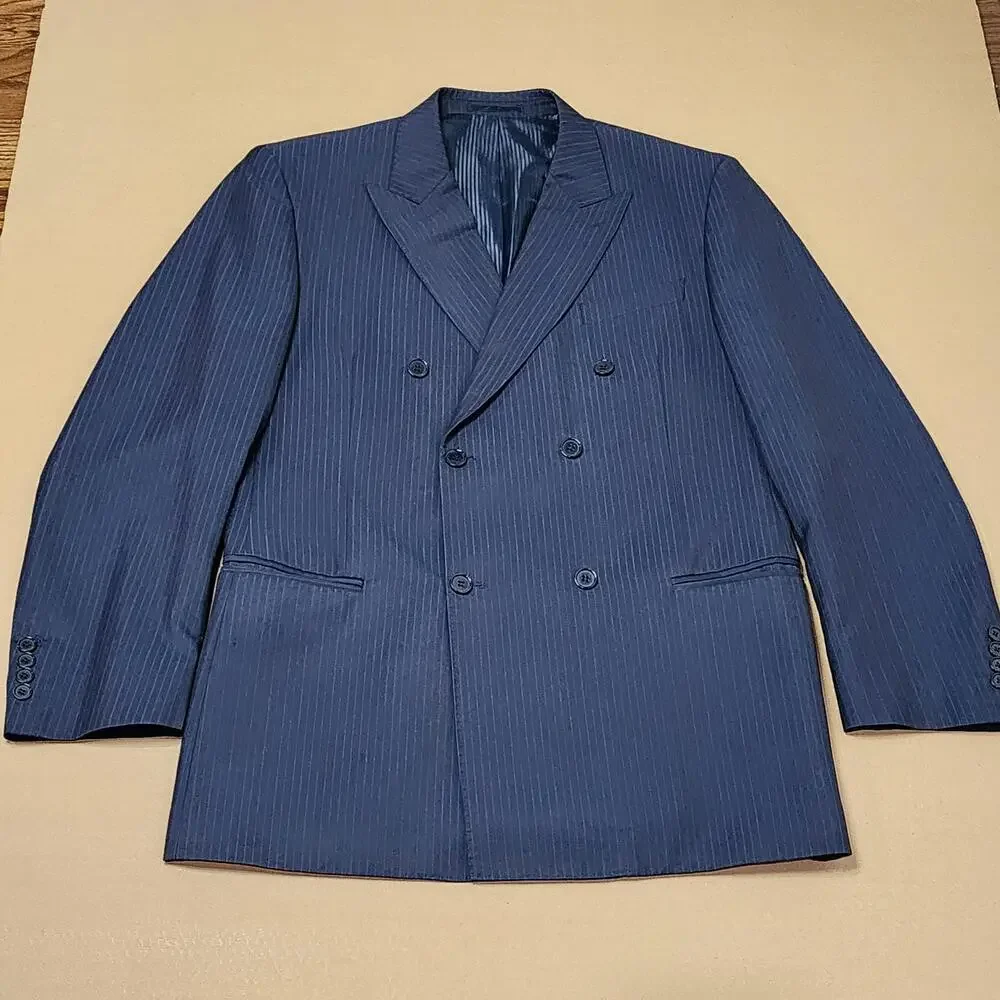 Bertolini Suit Jacket Mens 44 Blue Pinstripe Double Breasted Wool Silk Lined